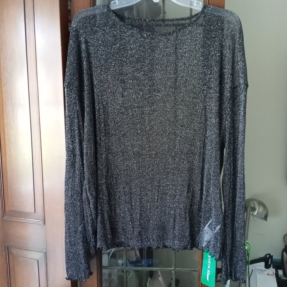 SHEIN EZwear Black Sheer Mesh Silver Shimmer Top sz M , NWT